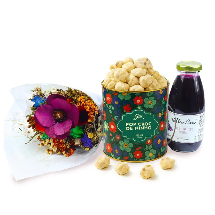 Buquê de Flores Secas e Suco Villa Piva e Pipoca Giuliana Flores
