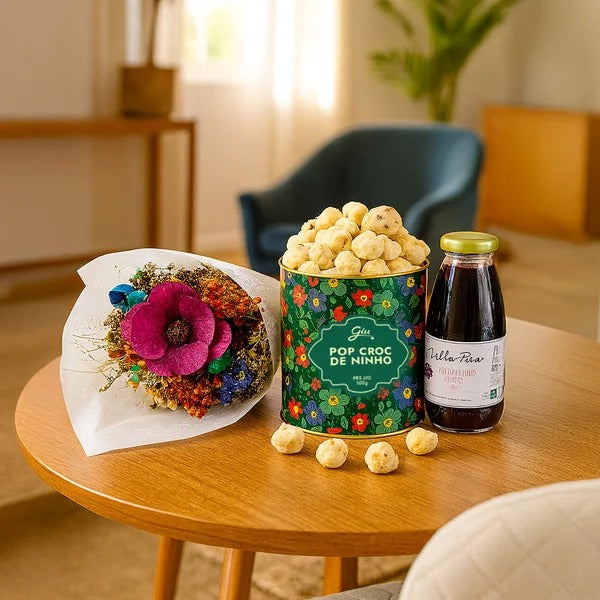 Buquê de Flores Secas e Suco Villa Piva e Pipoca Giuliana Flores